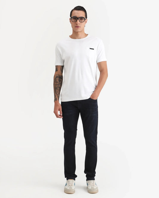 Rare Rabbit Men's Sain Navy Cotton Plain Hawk Slim Fit Jeans