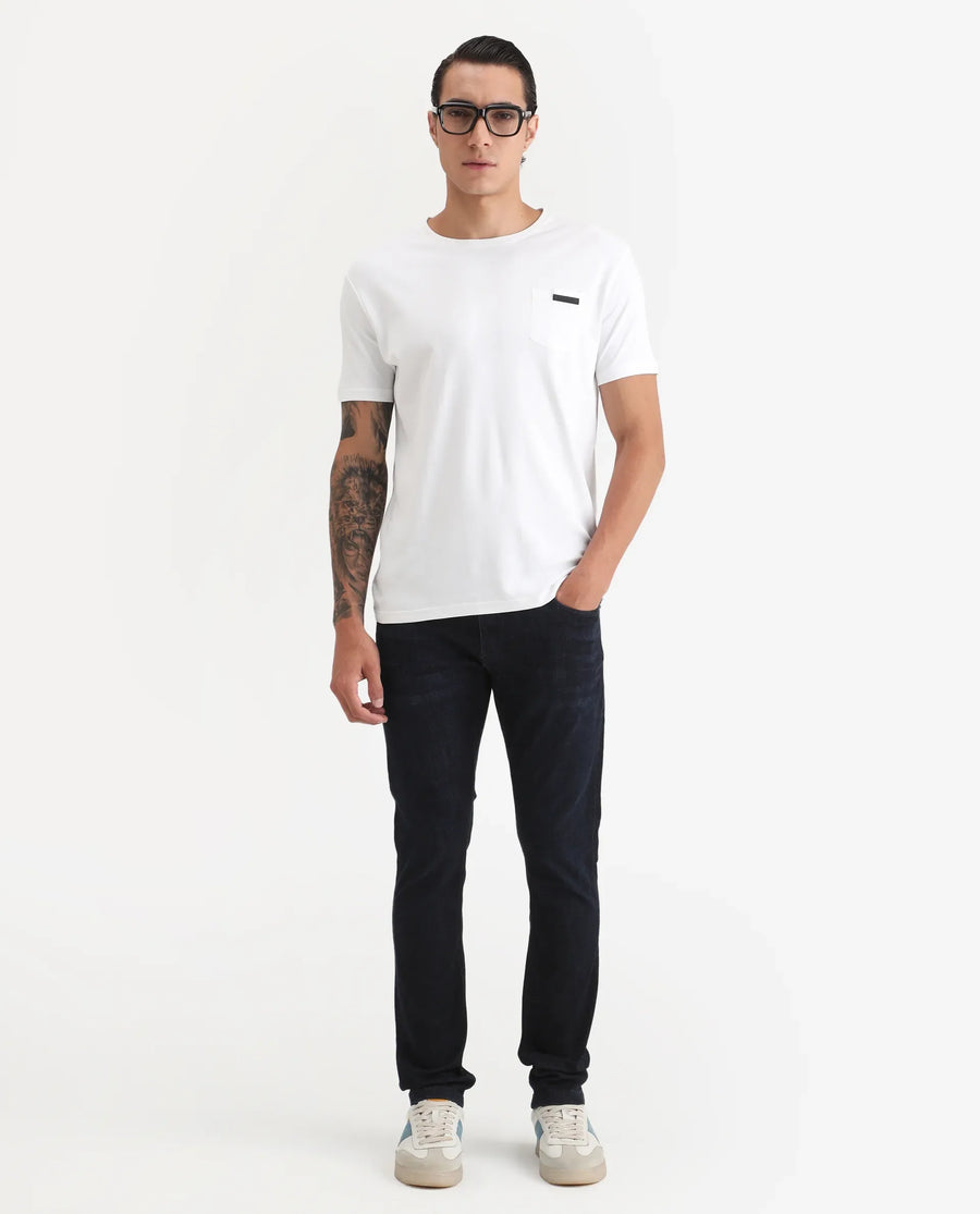 Rare Rabbit Men's Sain Navy Cotton Plain Hawk Slim Fit Jeans