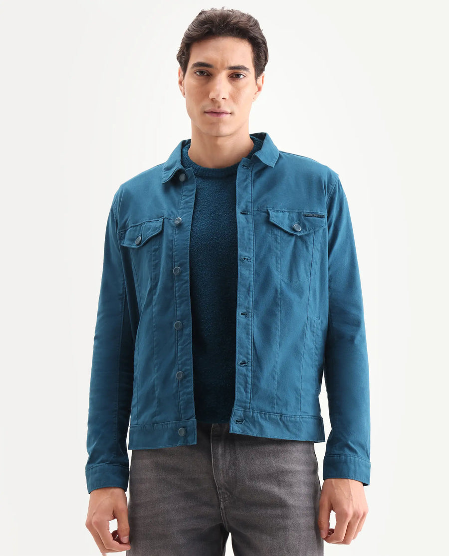 Rare Rabbit Men's Vintago Dark Teal Cotton Plain Regular Fit Full Sleeve Spread Collar Jacket
