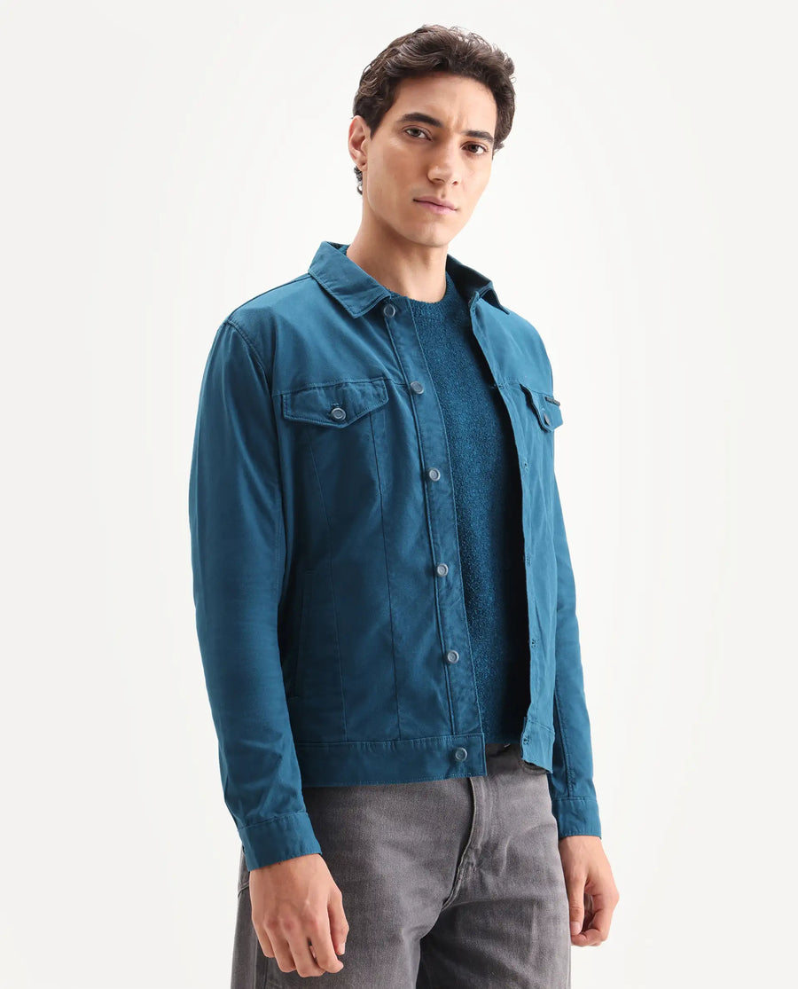 Rare Rabbit Men's Vintago Dark Teal Cotton Plain Regular Fit Full Sleeve Spread Collar Jacket