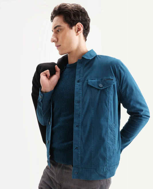 Rare Rabbit Men's Vintago Dark Teal Cotton Plain Regular Fit Full Sleeve Spread Collar Jacket