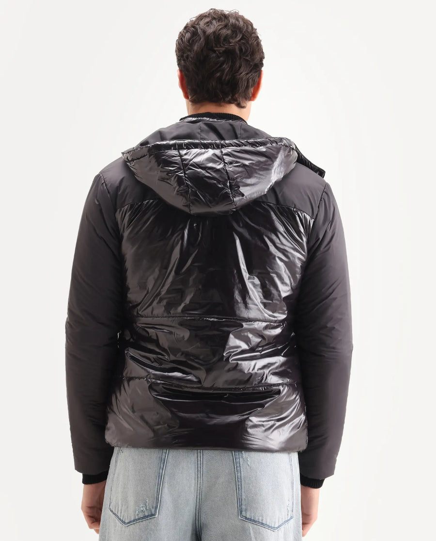 Rare Rabbit Men's Ragon Black Polyester Plain Relaxed Fit Full Sleeve Hooded Jacket
