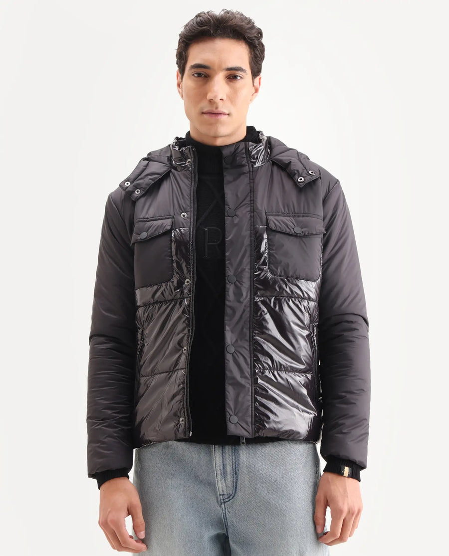 Rare Rabbit Men's Ragon Black Polyester Plain Relaxed Fit Full Sleeve Hooded Jacket