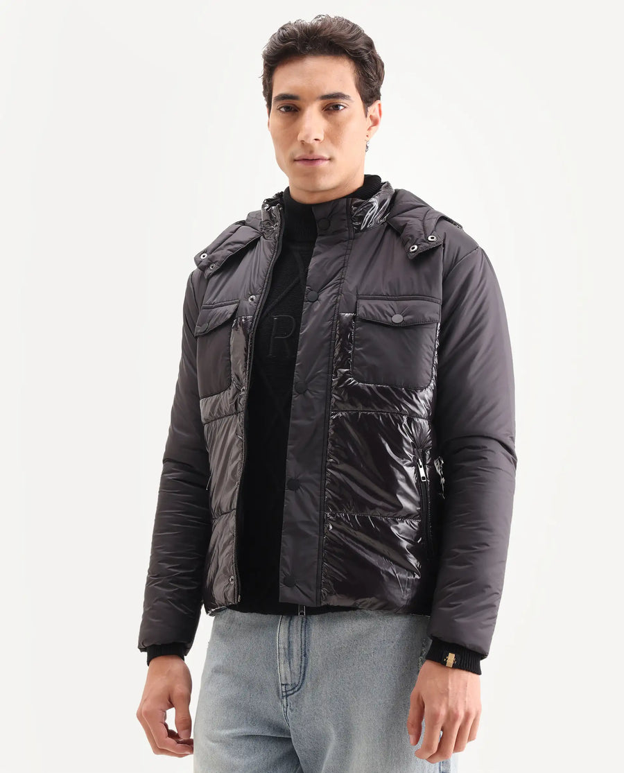 Rare Rabbit Men's Ragon Black Polyester Plain Relaxed Fit Full Sleeve Hooded Jacket