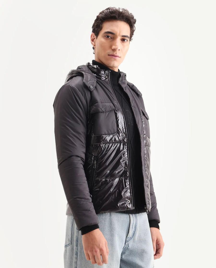 Rare Rabbit Men's Ragon Black Polyester Plain Relaxed Fit Full Sleeve Hooded Jacket
