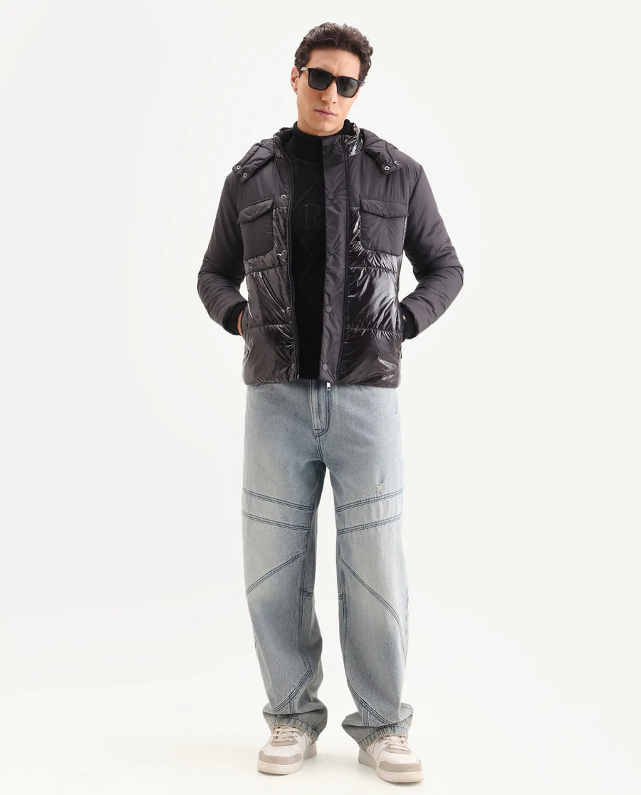 Rare Rabbit Men's Ragon Black Polyester Plain Relaxed Fit Full Sleeve Hooded Jacket