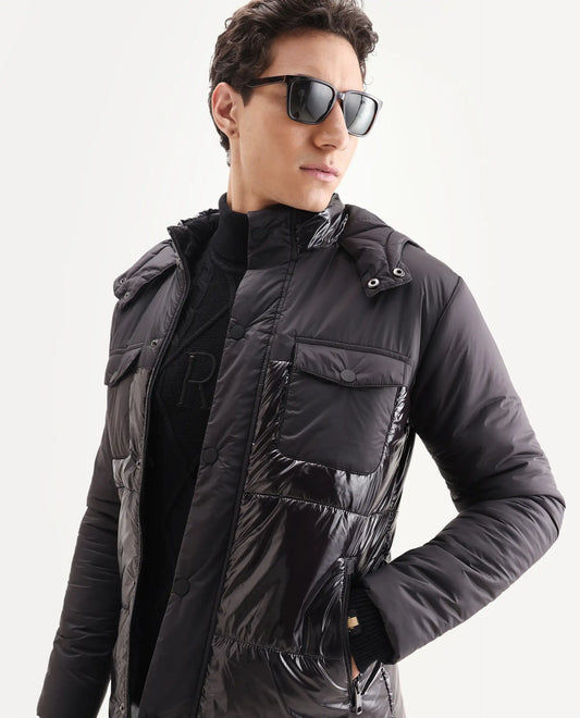 Rare Rabbit Men's Ragon Black Polyester Plain Relaxed Fit Full Sleeve Hooded Jacket