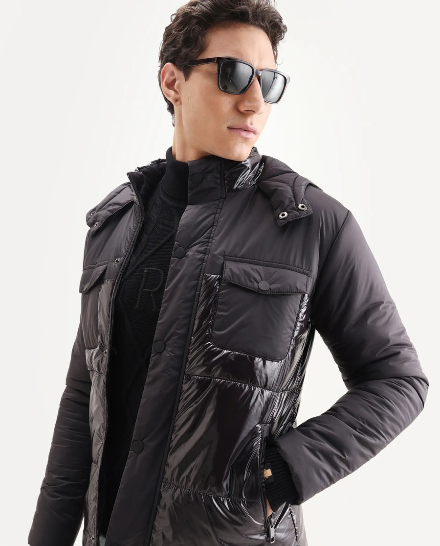 Rare Rabbit Men's Ragon Black Polyester Plain Relaxed Fit Full Sleeve Hooded Jacket
