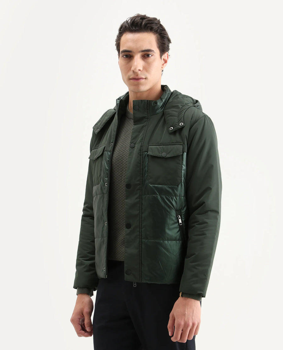 Rare Rabbit Men's Ragon Dark Green Polyester Plain Relaxed Fit Full Sleeve Hooded Jacket