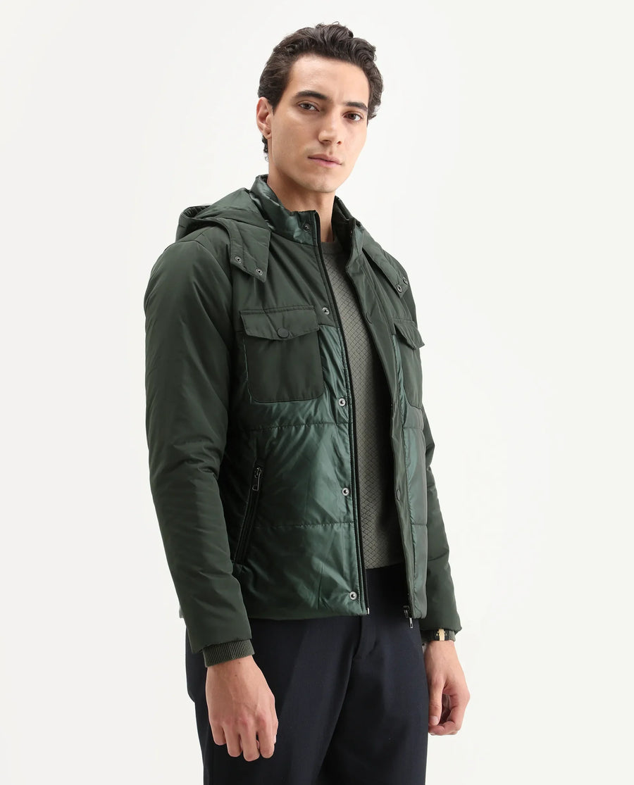 Rare Rabbit Men's Ragon Dark Green Polyester Plain Relaxed Fit Full Sleeve Hooded Jacket