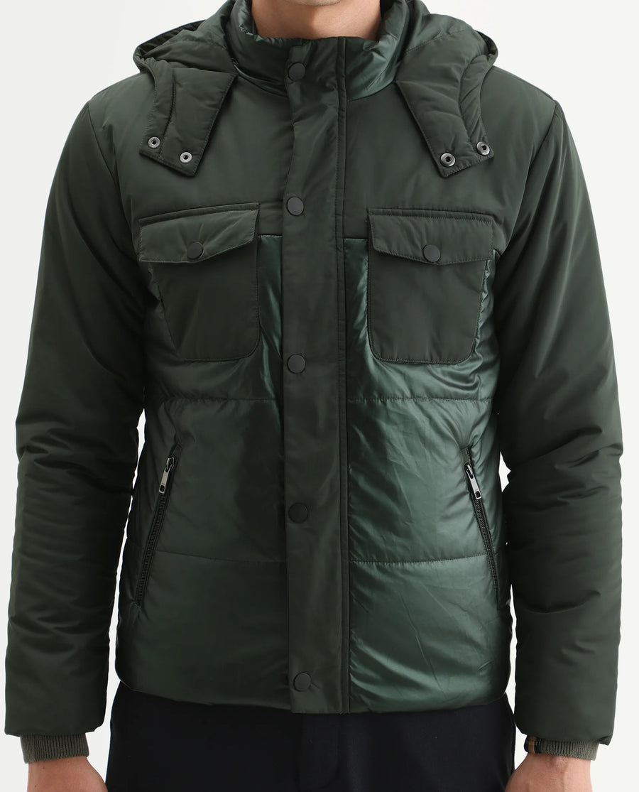 Rare Rabbit Men's Ragon Dark Green Polyester Plain Relaxed Fit Full Sleeve Hooded Jacket