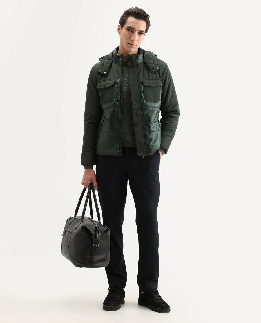 Rare Rabbit Men's Ragon Dark Green Polyester Plain Relaxed Fit Full Sleeve Hooded Jacket