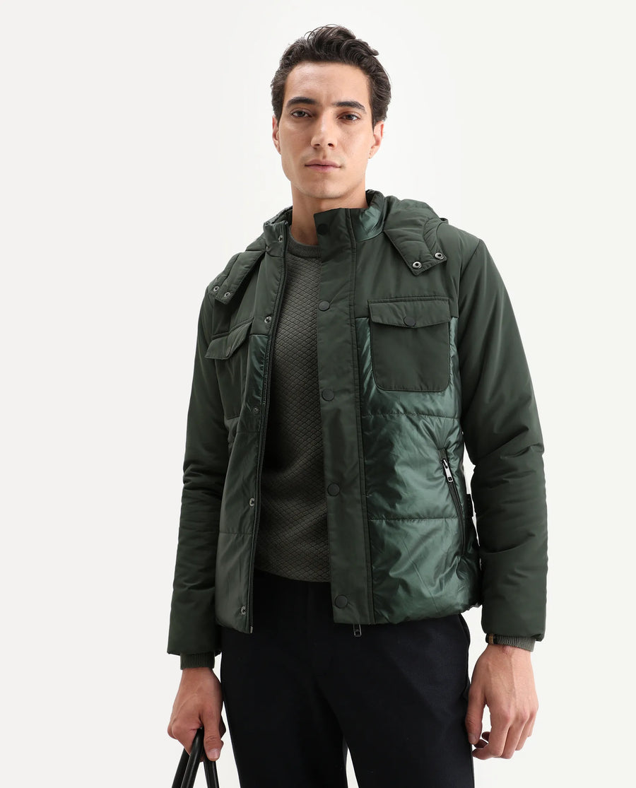 Rare Rabbit Men's Ragon Dark Green Polyester Plain Relaxed Fit Full Sleeve Hooded Jacket