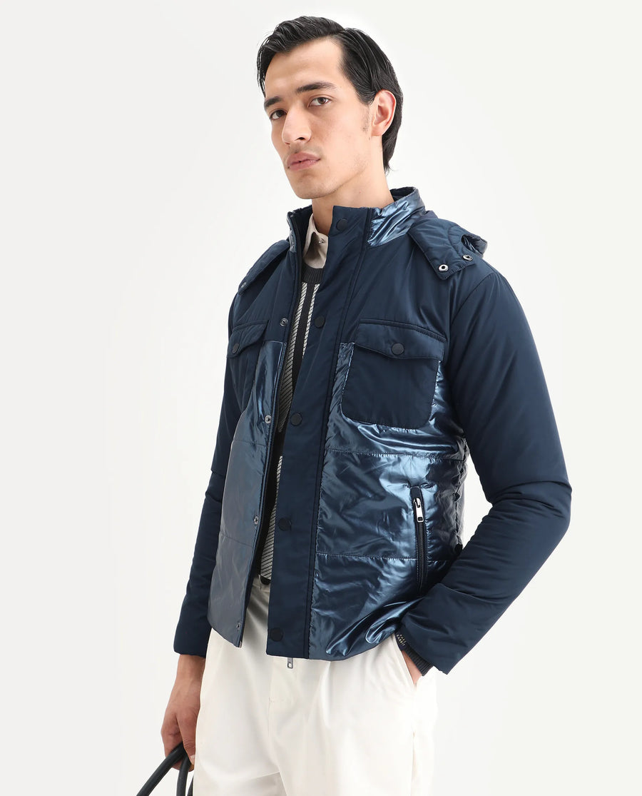 Rare Rabbit Men's Ragon Dark Blue Polyester Plain Relaxed Fit Full Sleeve Hooded Jacket