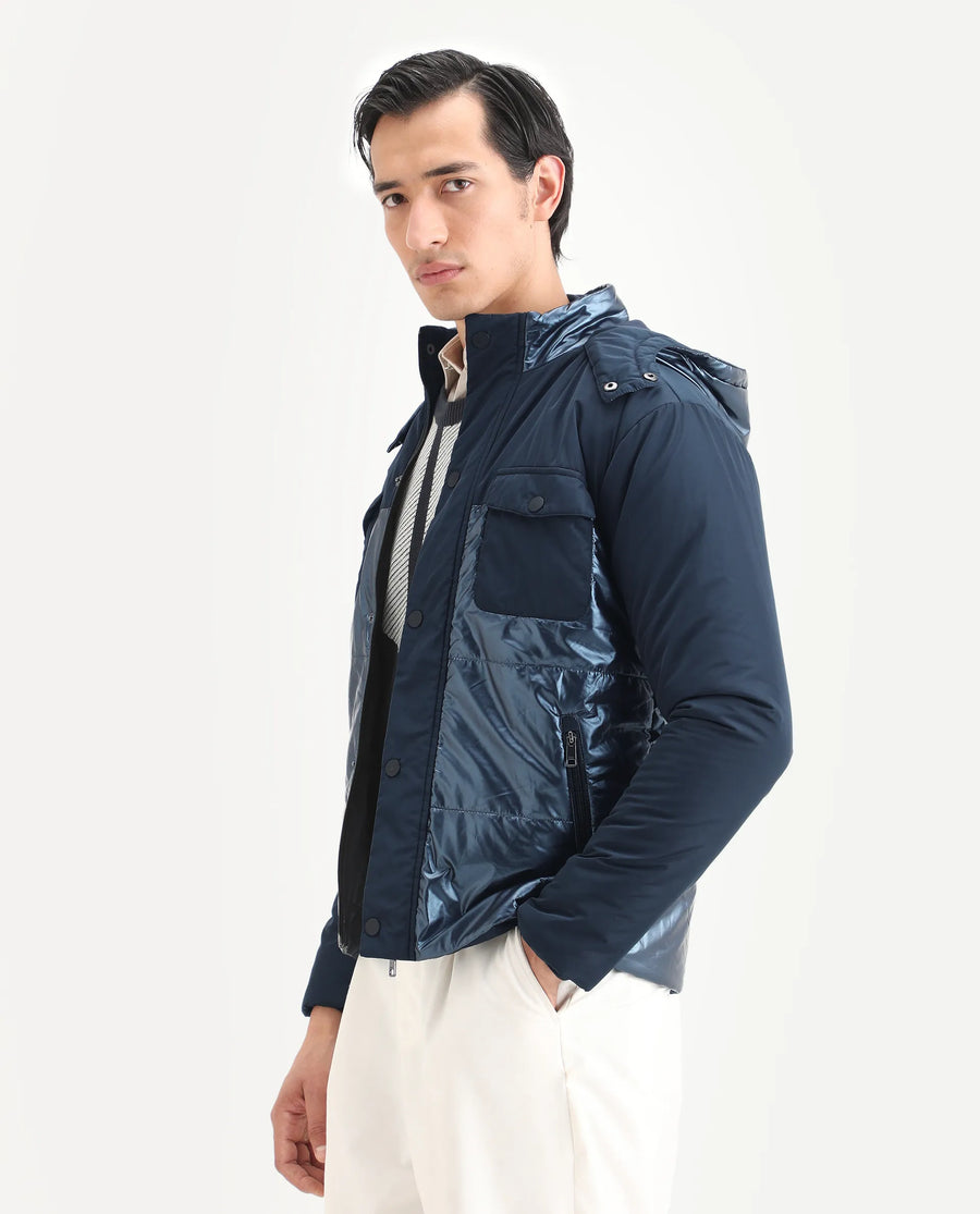 Rare Rabbit Men's Ragon Dark Blue Polyester Plain Relaxed Fit Full Sleeve Hooded Jacket