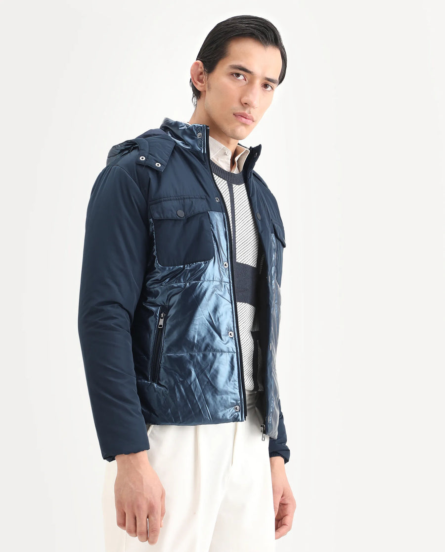 Rare Rabbit Men's Ragon Dark Blue Polyester Plain Relaxed Fit Full Sleeve Hooded Jacket
