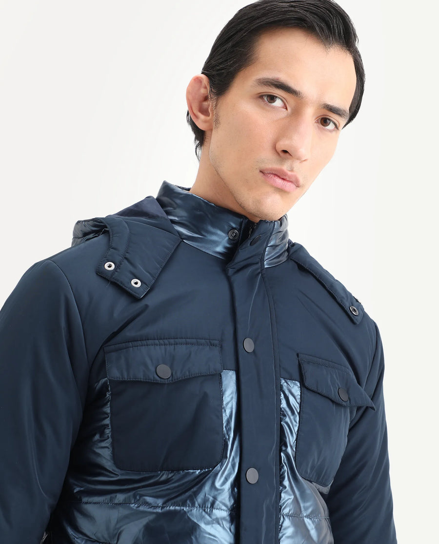 Rare Rabbit Men's Ragon Dark Blue Polyester Plain Relaxed Fit Full Sleeve Hooded Jacket
