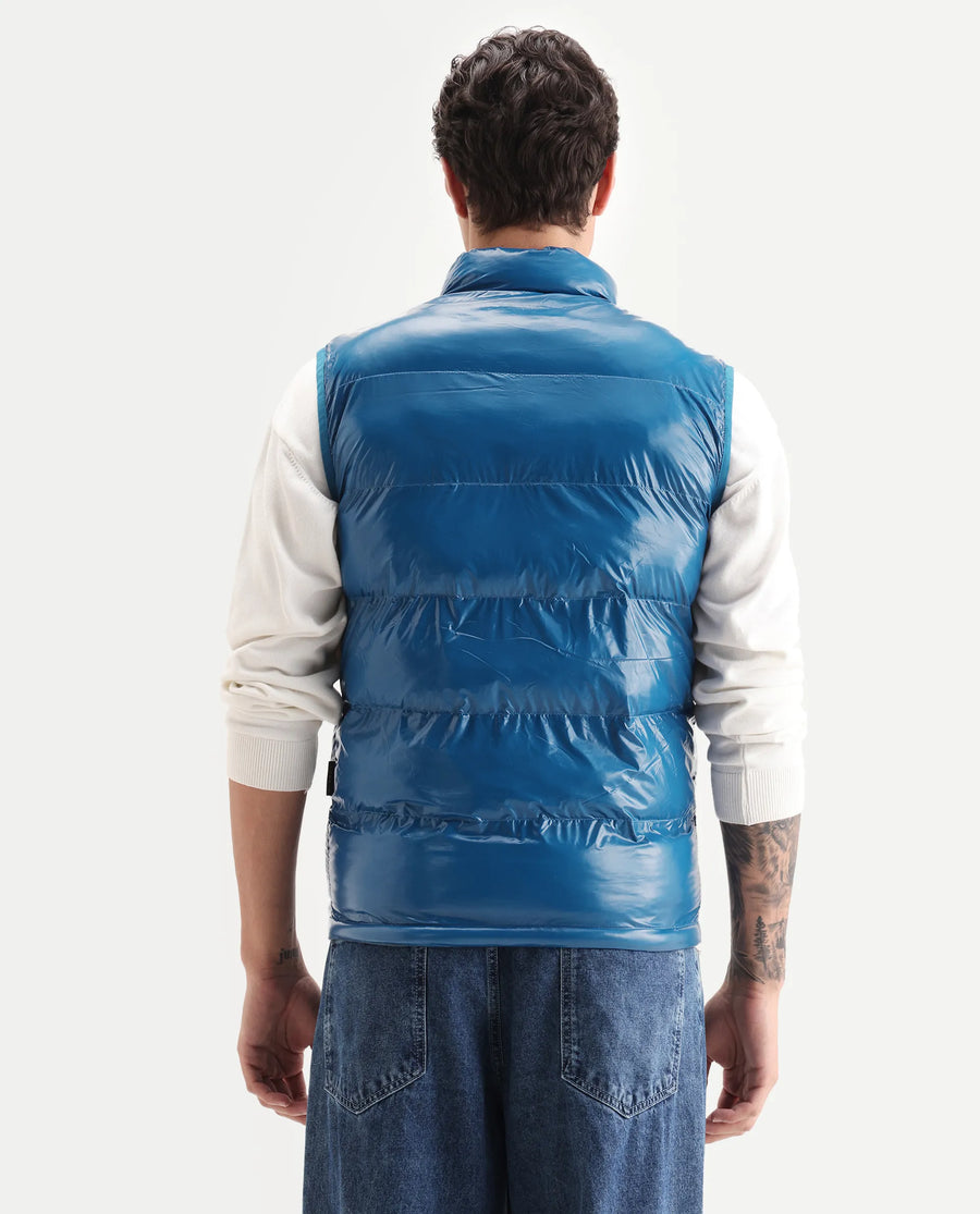 Rare Rabbit Men's Cover Dark Blue Polyester Plain Relaxed Fit Sleeveless High Neck Jacket