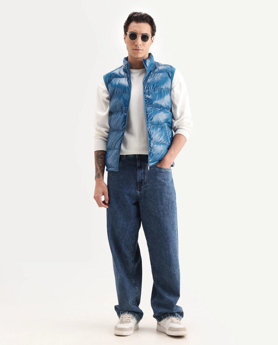 Rare Rabbit Men's Cover Dark Blue Polyester Plain Relaxed Fit Sleeveless High Neck Jacket