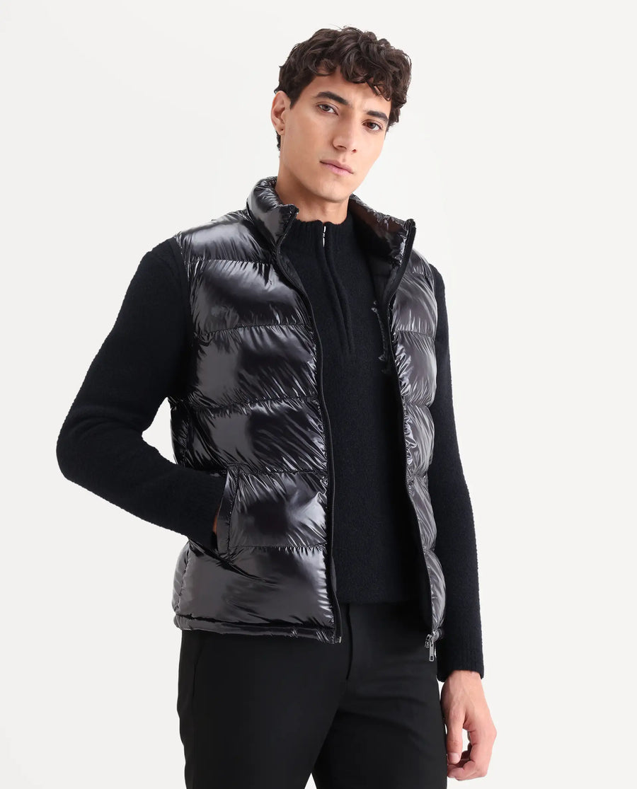 Rare Rabbit Men's Cover Black Polyester Plain Relaxed Fit Sleeveless High Neck Jacket