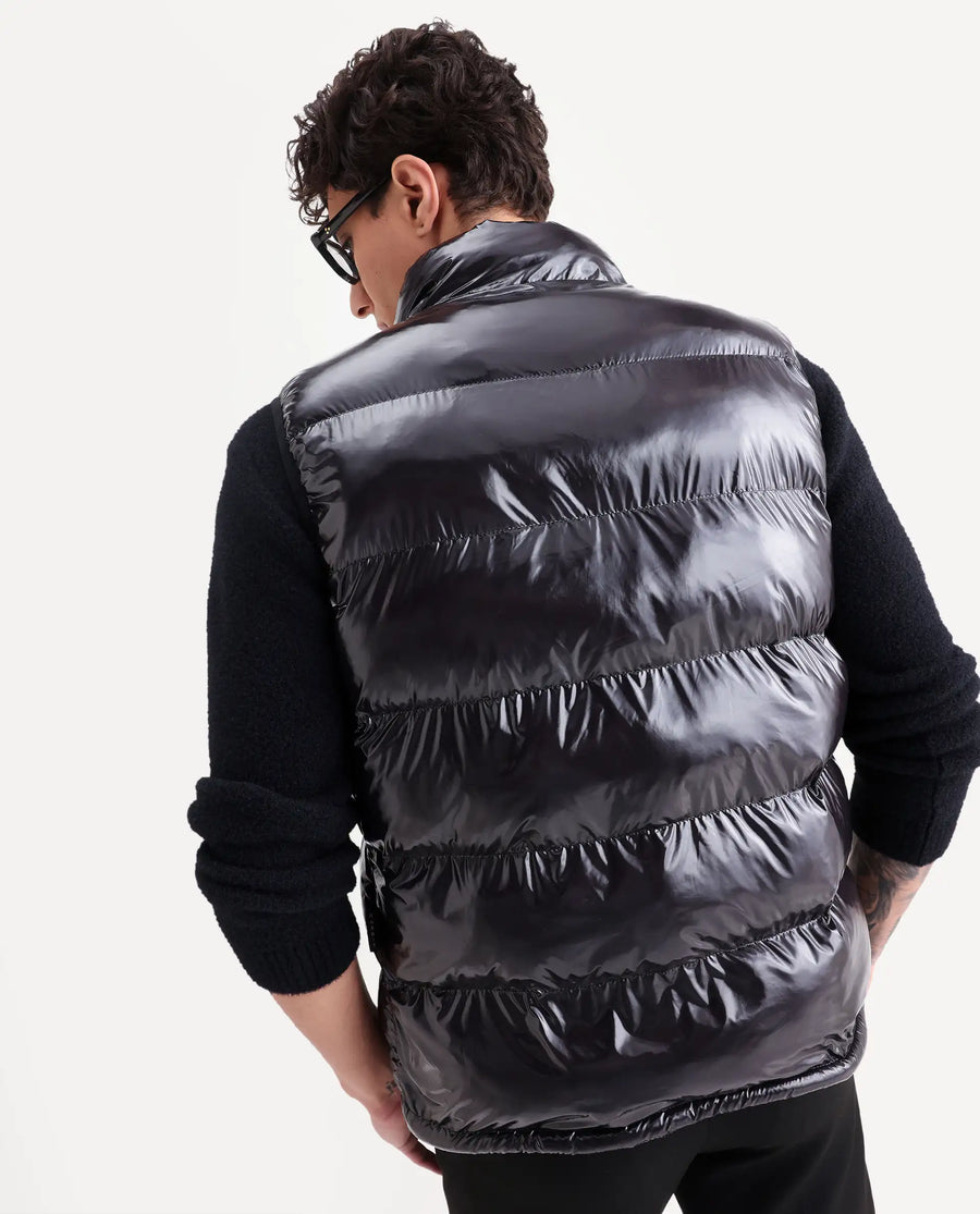 Rare Rabbit Men's Cover Black Polyester Plain Relaxed Fit Sleeveless High Neck Jacket