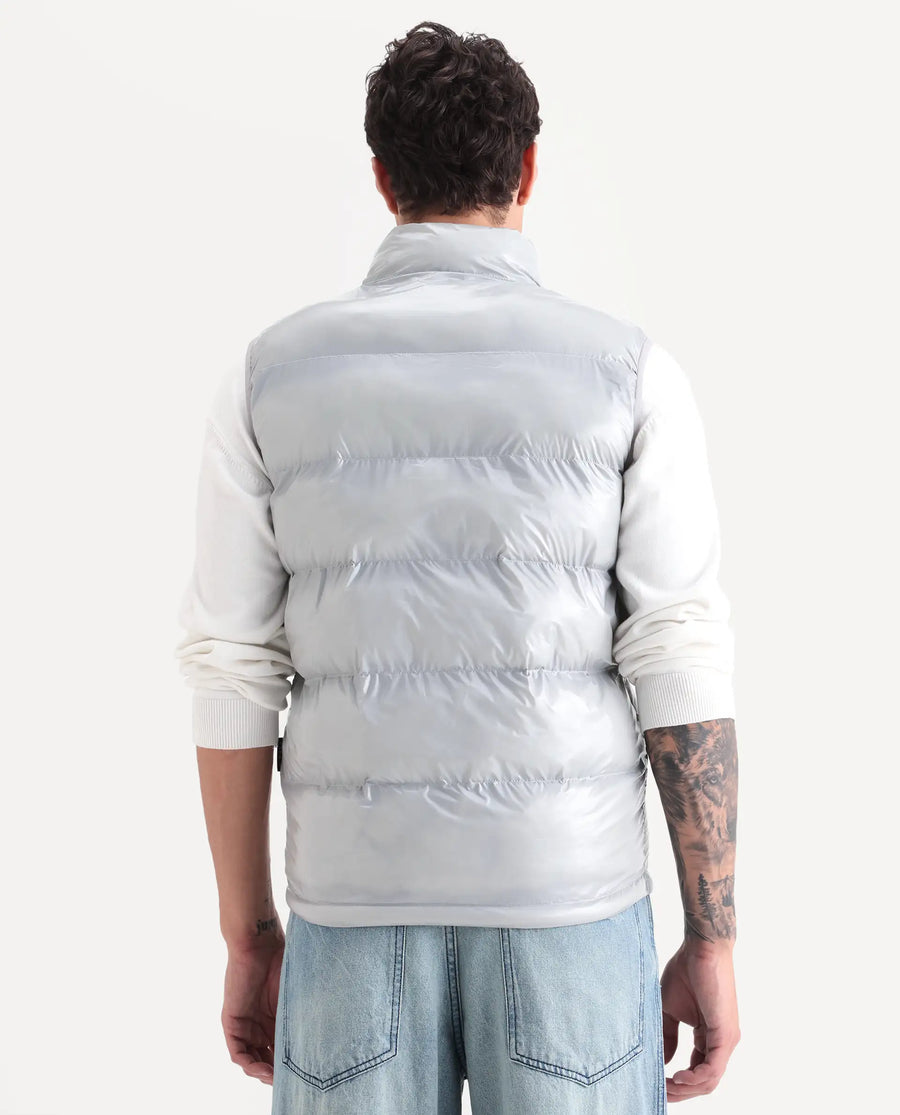 Rare Rabbit Men's Cover Light Grey Polyester Plain Relaxed Fit Sleeveless High Neck Jacket