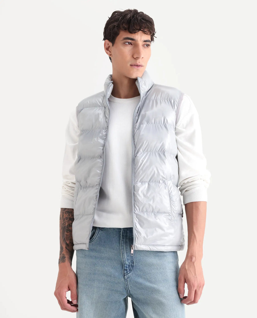 Rare Rabbit Men's Cover Light Grey Polyester Plain Relaxed Fit Sleeveless High Neck Jacket