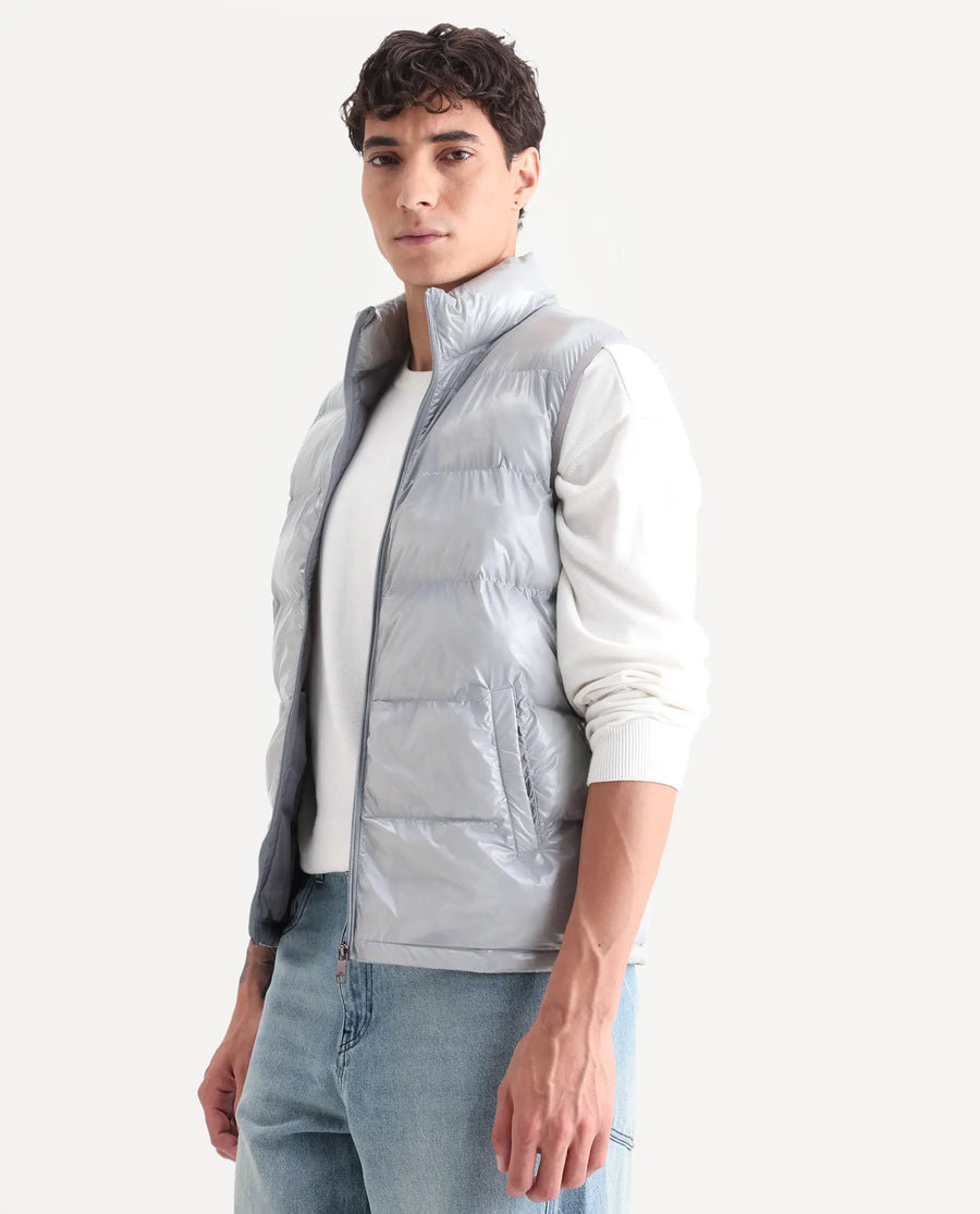 Rare Rabbit Men's Cover Light Grey Polyester Plain Relaxed Fit Sleeveless High Neck Jacket