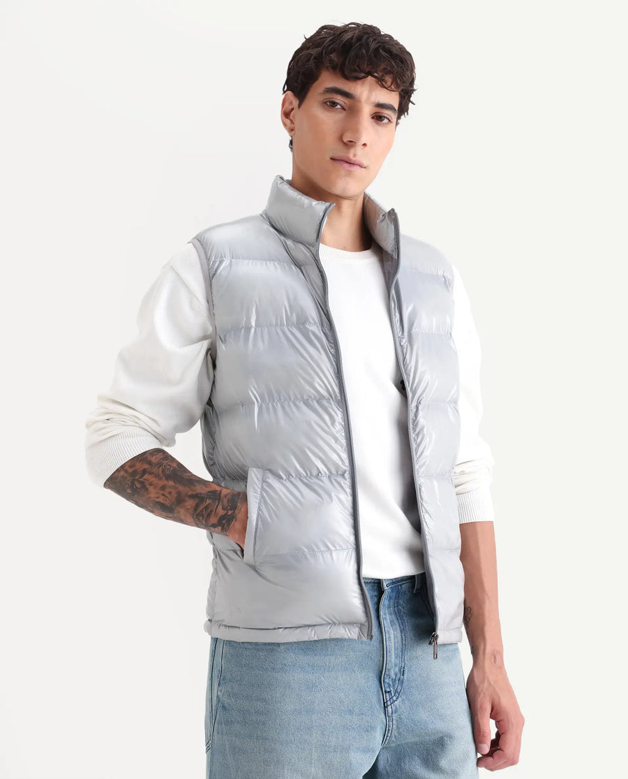 Rare Rabbit Men's Cover Light Grey Polyester Plain Relaxed Fit Sleeveless High Neck Jacket