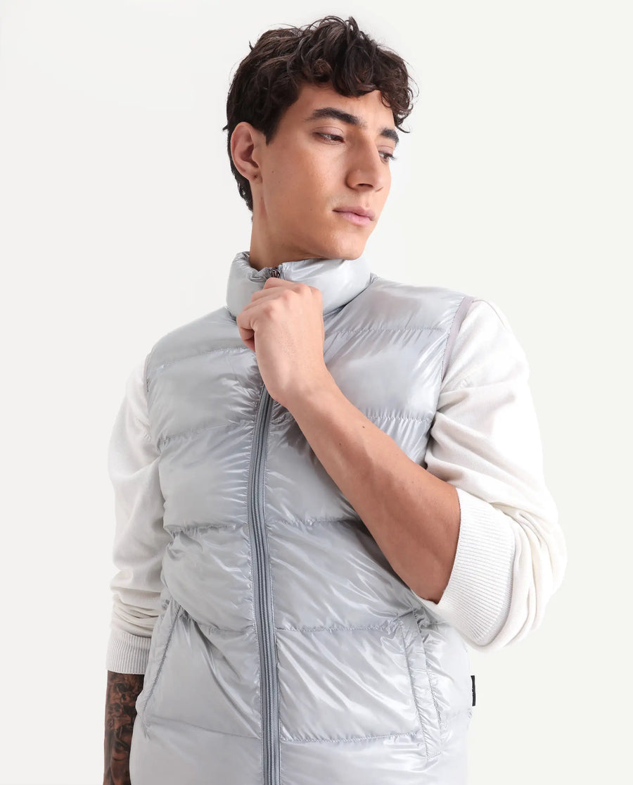 Rare Rabbit Men's Cover Light Grey Polyester Plain Relaxed Fit Sleeveless High Neck Jacket