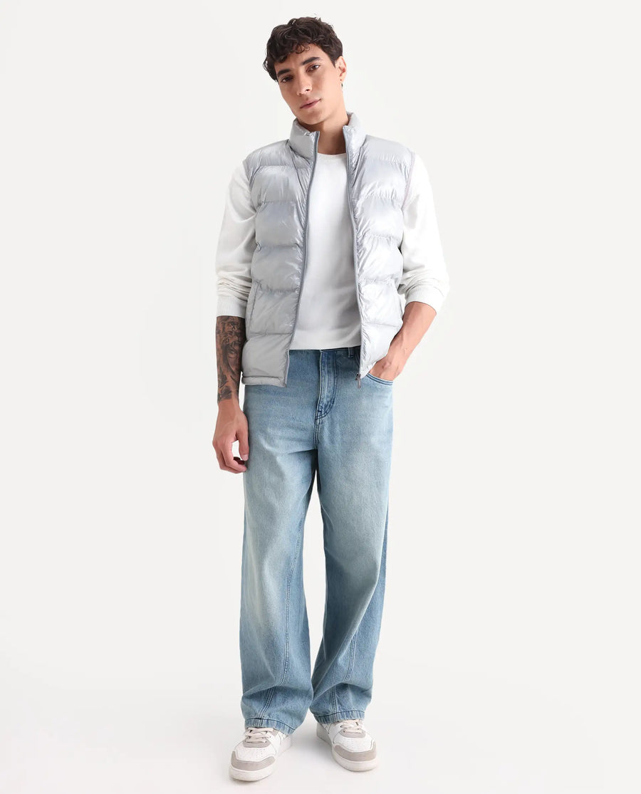 Rare Rabbit Men's Cover Light Grey Polyester Plain Relaxed Fit Sleeveless High Neck Jacket