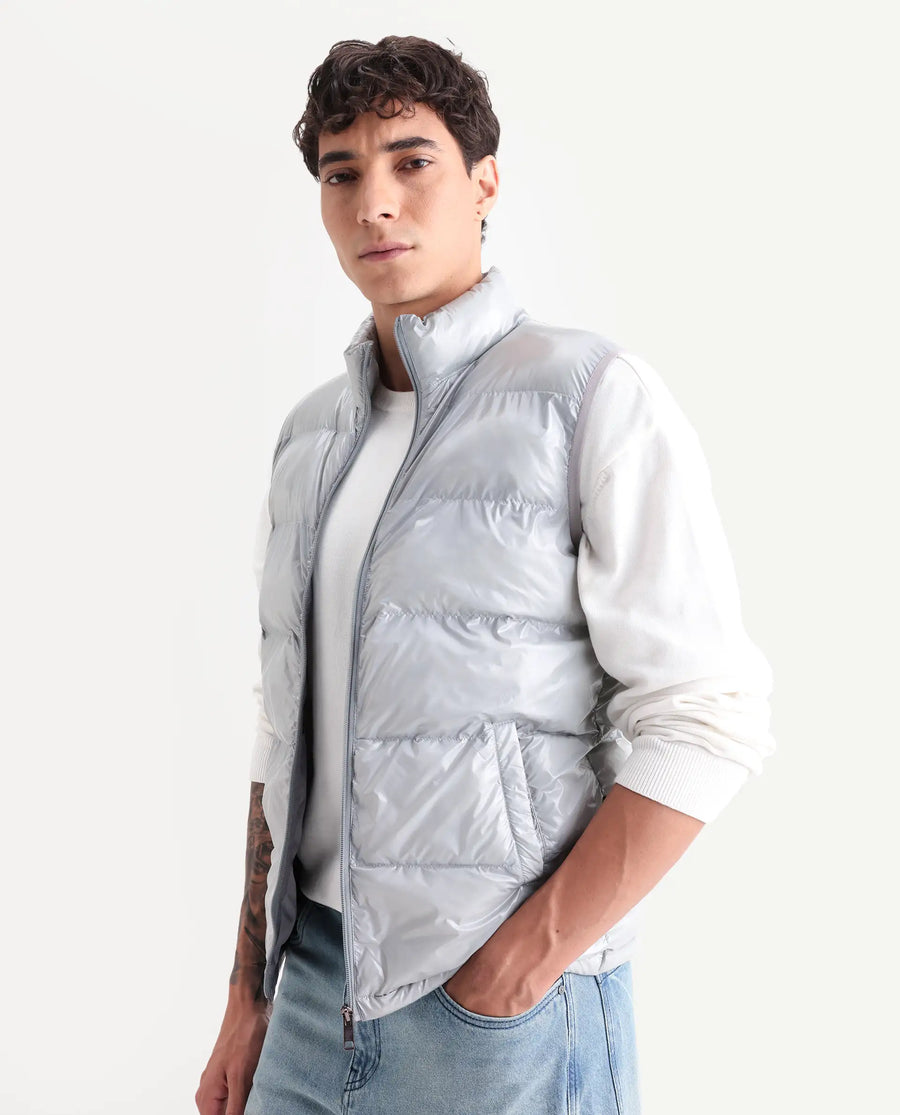 Rare Rabbit Men's Cover Light Grey Polyester Plain Relaxed Fit Sleeveless High Neck Jacket