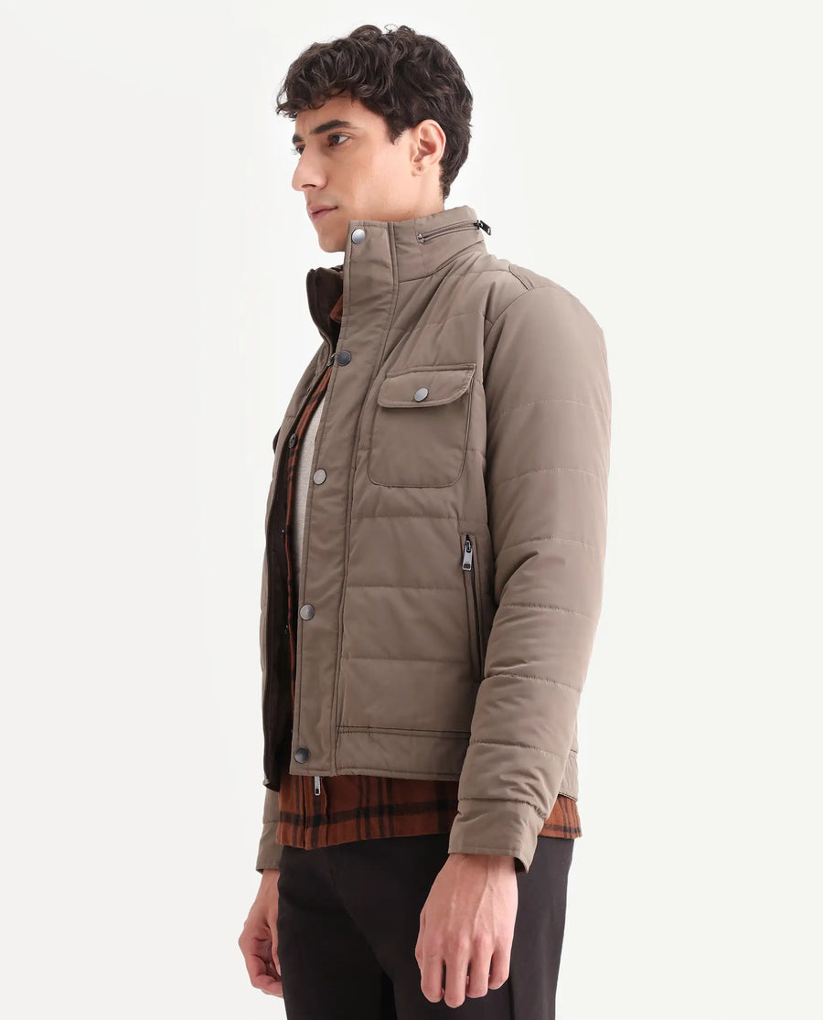 Rare Rabbit Men's Anbr Khaki Polyester Plain Relaxed Fit Full Sleeve Spread Collar Jacket