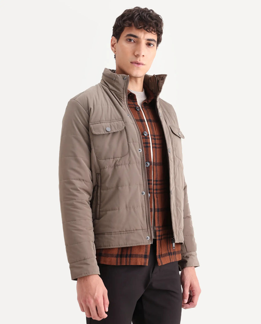 Rare Rabbit Men's Anbr Khaki Polyester Plain Relaxed Fit Full Sleeve Spread Collar Jacket