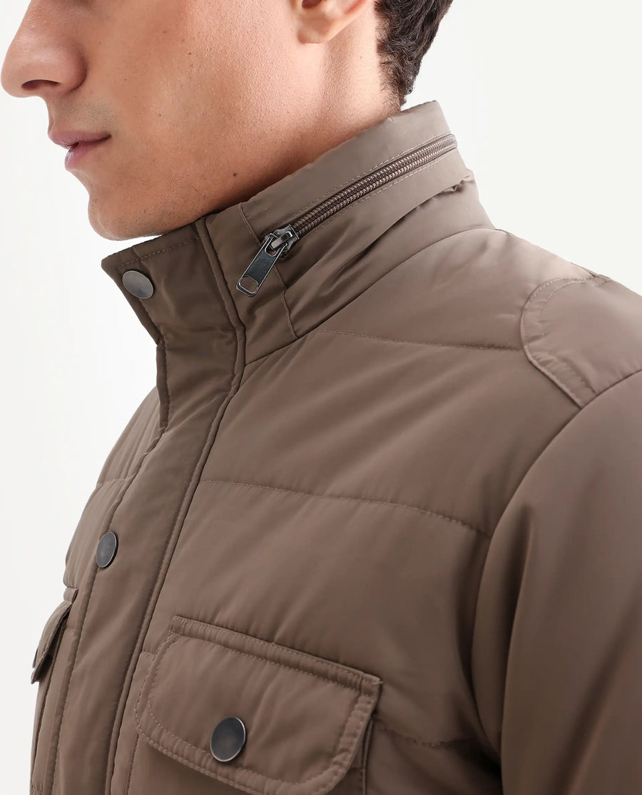 Rare Rabbit Men's Anbr Khaki Polyester Plain Relaxed Fit Full Sleeve Spread Collar Jacket