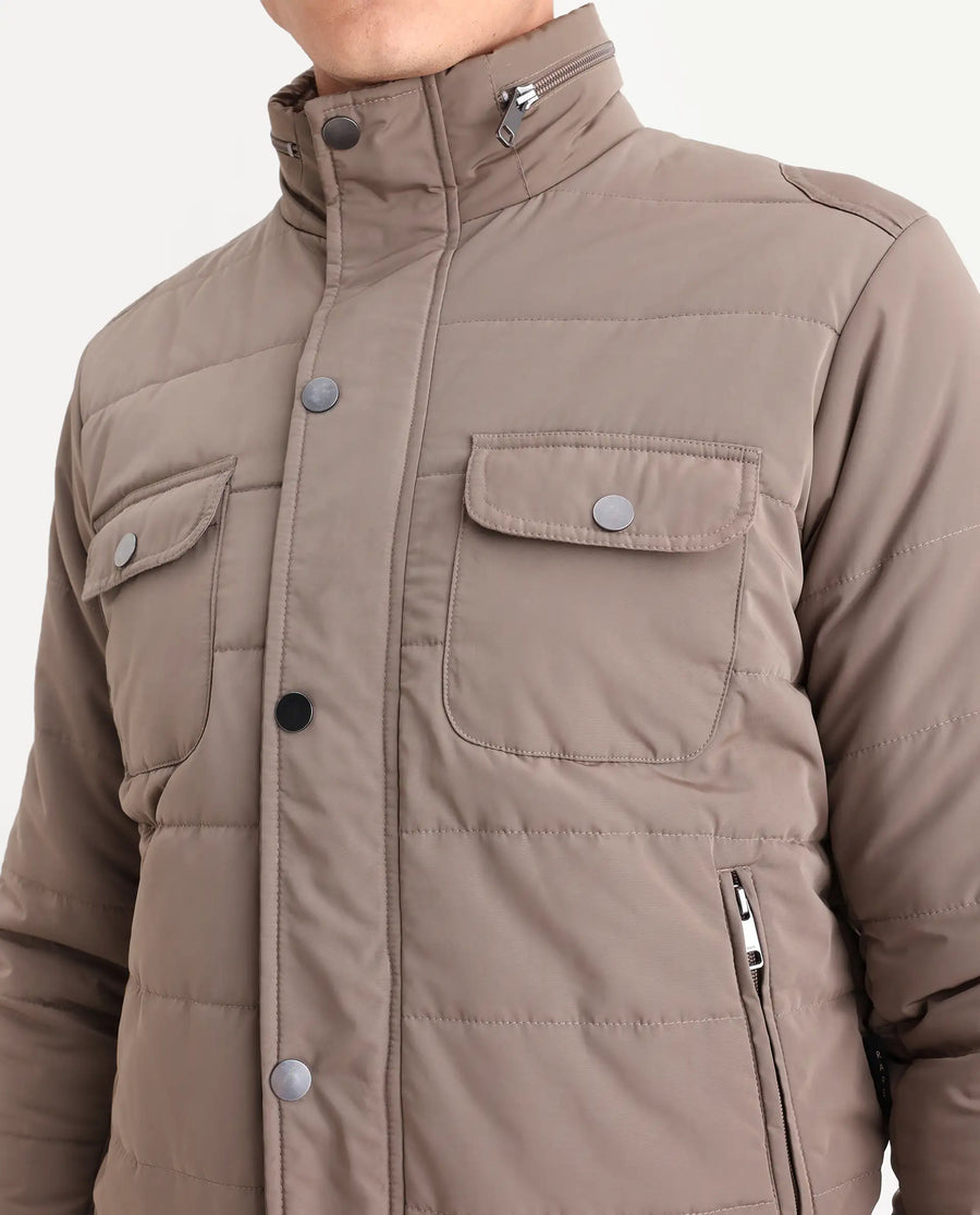 Rare Rabbit Men's Anbr Khaki Polyester Plain Relaxed Fit Full Sleeve Spread Collar Jacket