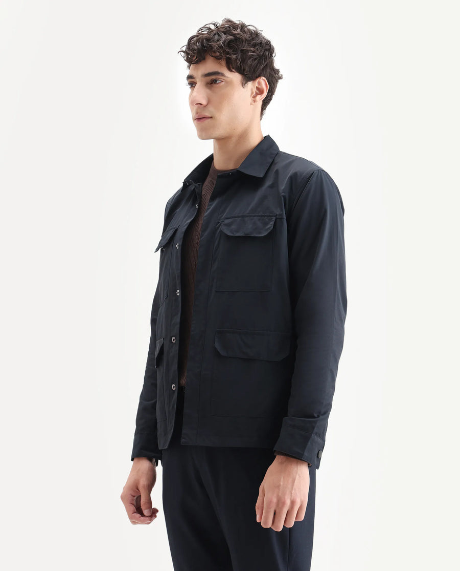 Rare Rabbit Men's Feliu Navy Cotton Plain Regular Fit Full Sleeve Spread Collar Jacket