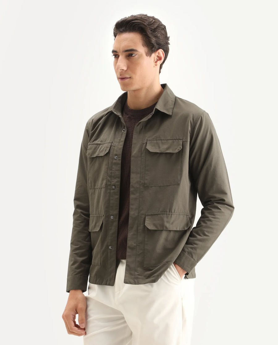 Rare Rabbit Men's Feliu Dark Olive Cotton Plain Regular Fit Full Sleeve Spread Collar Jacket