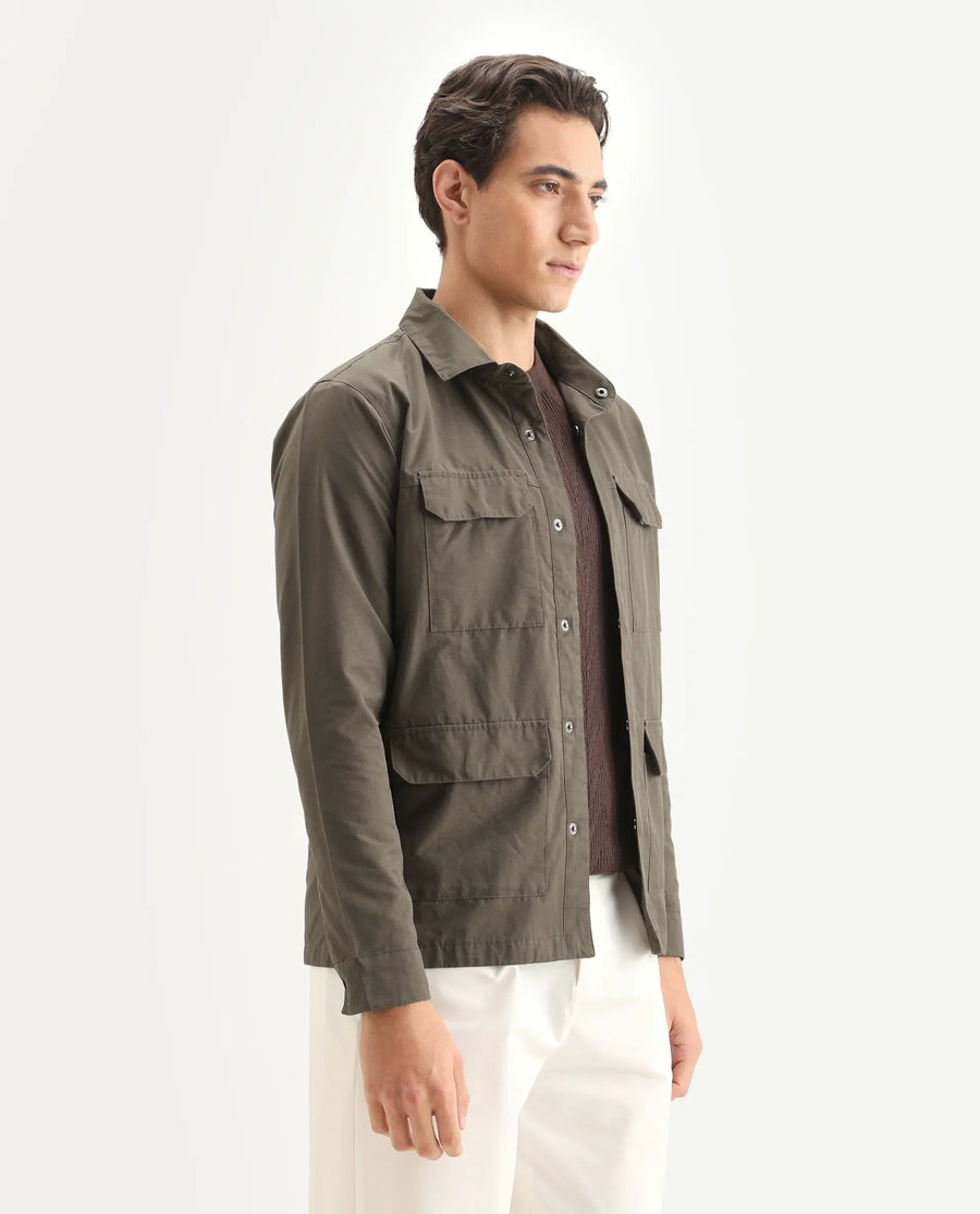 Rare Rabbit Men's Feliu Dark Olive Cotton Plain Regular Fit Full Sleeve Spread Collar Jacket