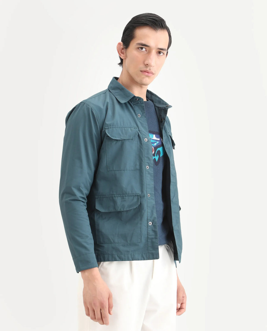 Rare Rabbit Men's Feliu Teal Cotton Plain Regular Fit Full Sleeve Spread Collar Jacket