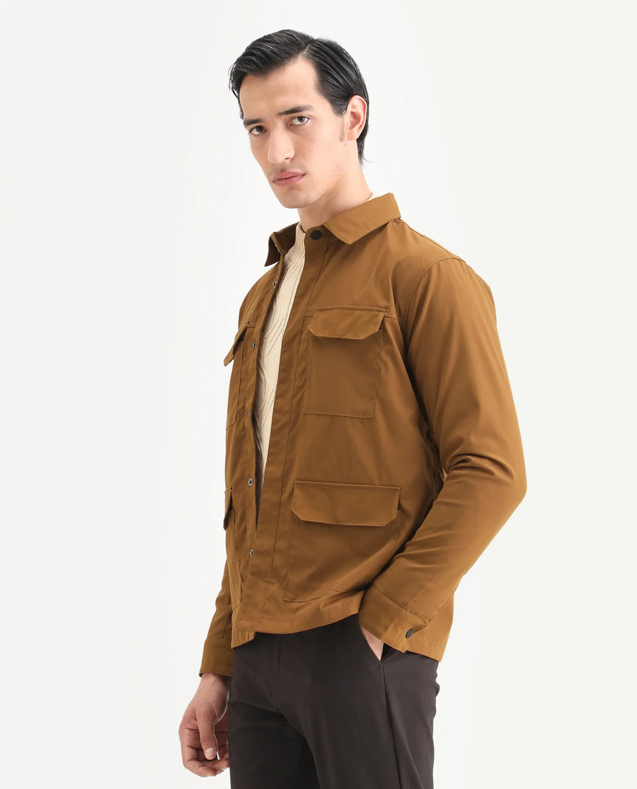 Rare Rabbit Men's Feliu Rust Cotton Plain Regular Fit Full Sleeve Spread Collar Jacket
