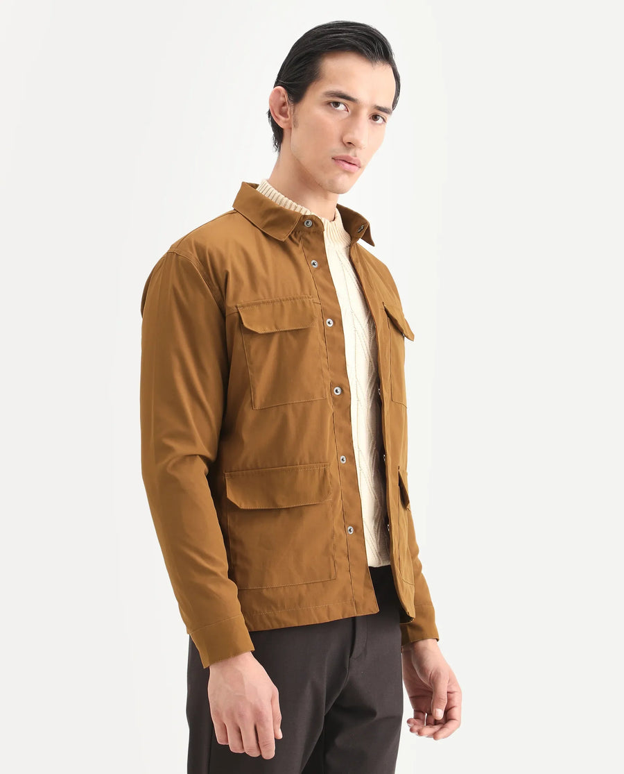 Rare Rabbit Men's Feliu Rust Cotton Plain Regular Fit Full Sleeve Spread Collar Jacket