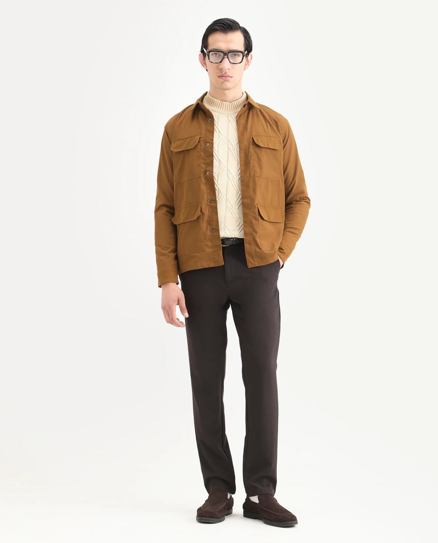 Rare Rabbit Men's Feliu Rust Cotton Plain Regular Fit Full Sleeve Spread Collar Jacket
