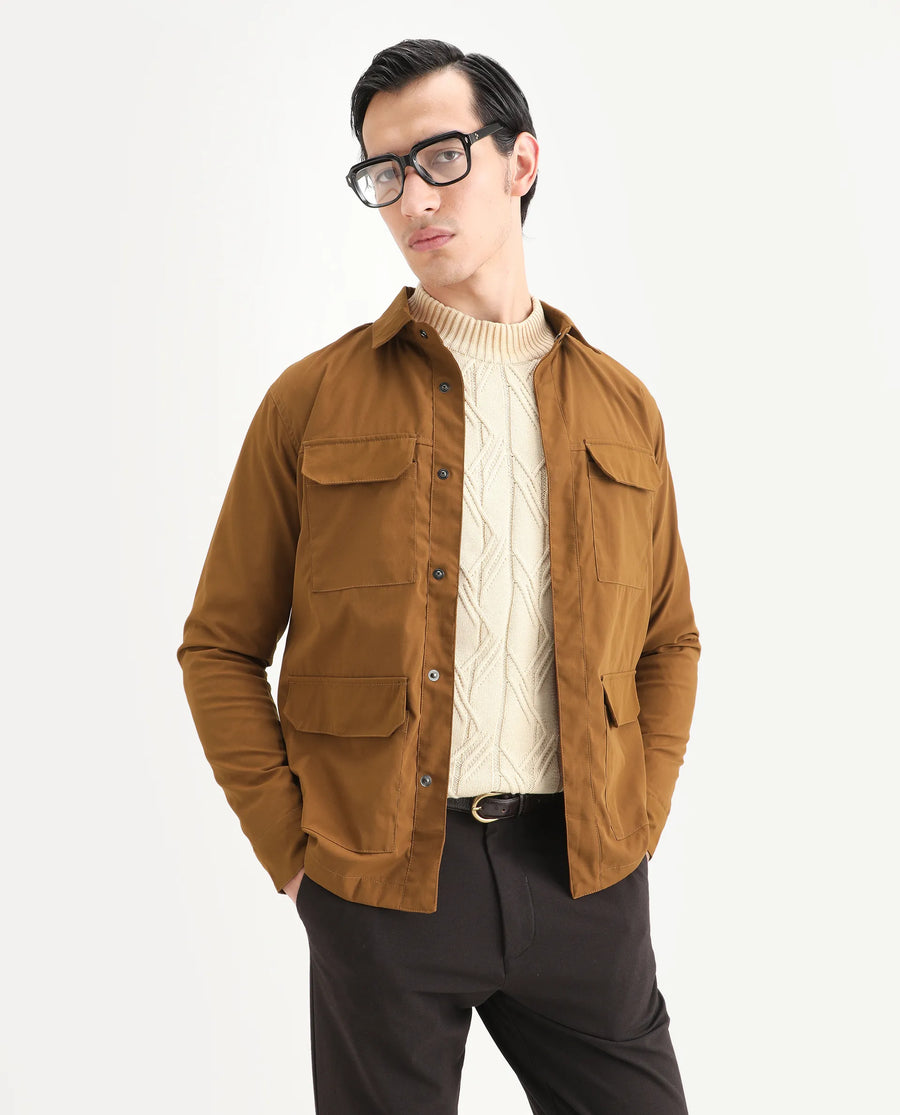 Rare Rabbit Men's Feliu Rust Cotton Plain Regular Fit Full Sleeve Spread Collar Jacket
