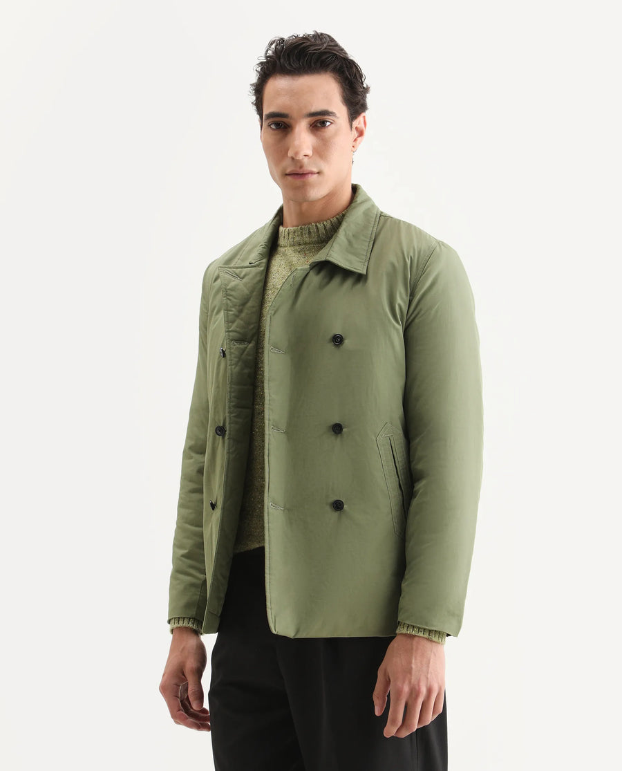 Rare Rabbit Men's Merjon Olive Nylon Plain Tailored Fit Full Sleeve Lapel Neck Jacket