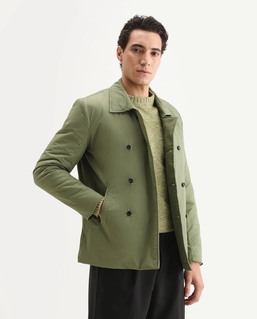 Rare Rabbit Men's Merjon Olive Nylon Plain Tailored Fit Full Sleeve Lapel Neck Jacket