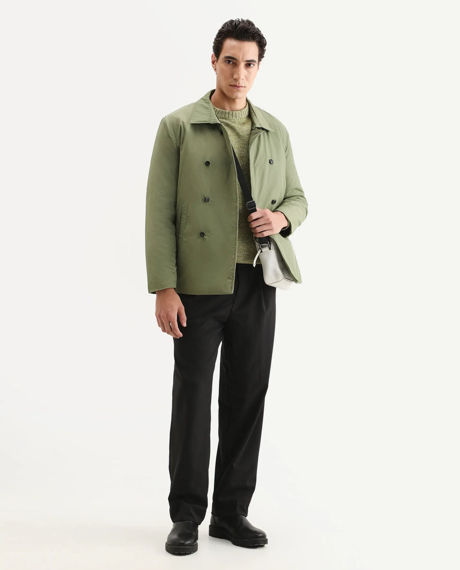 Rare Rabbit Men's Merjon Olive Nylon Plain Tailored Fit Full Sleeve Lapel Neck Jacket