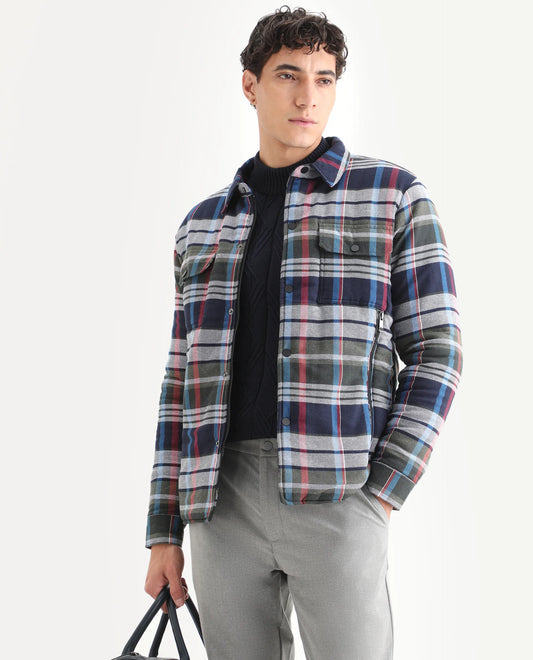 Rare Rabbit Men's Hollis Blue Cotton Checked Print Regular Fit Full Sleeve Spread Collar Jacket