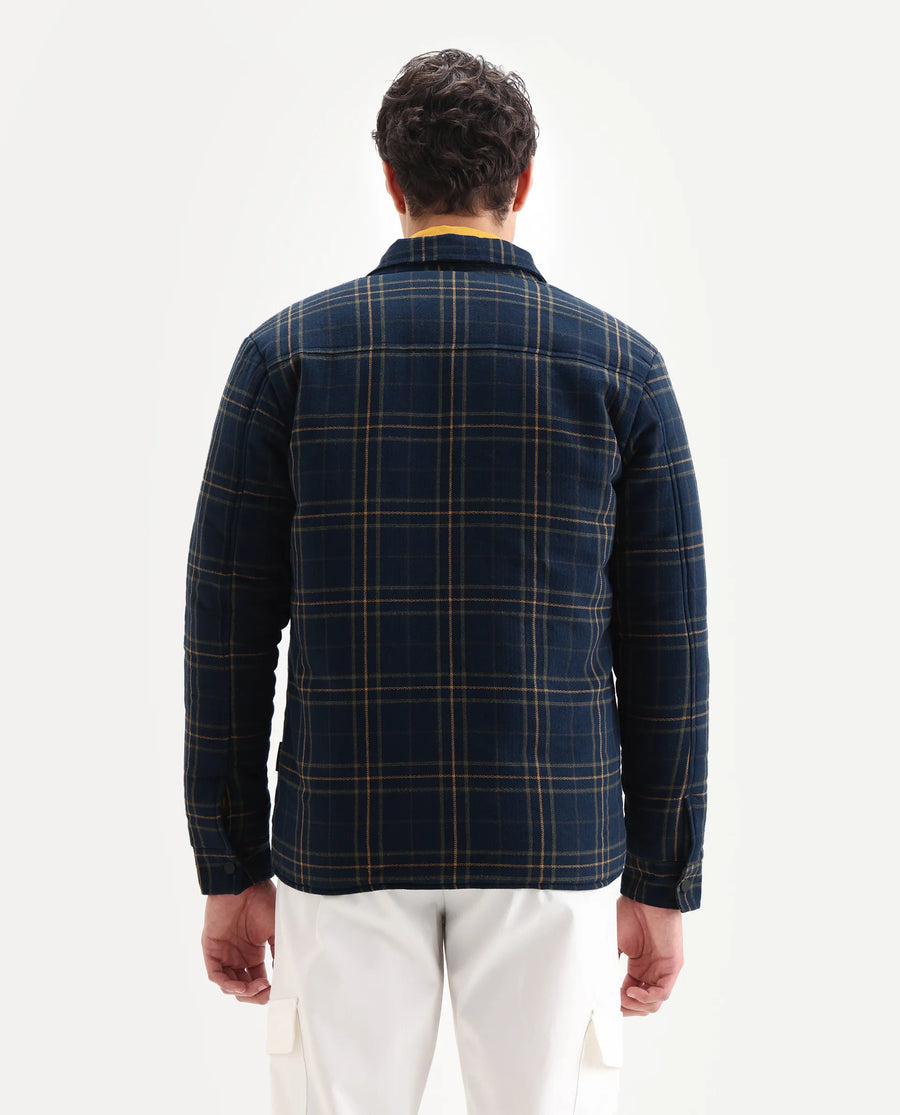 Rare Rabbit Men's Hollis Dark Navy Cotton Checked Print Regular Fit Full Sleeve Spread Collar Jacket