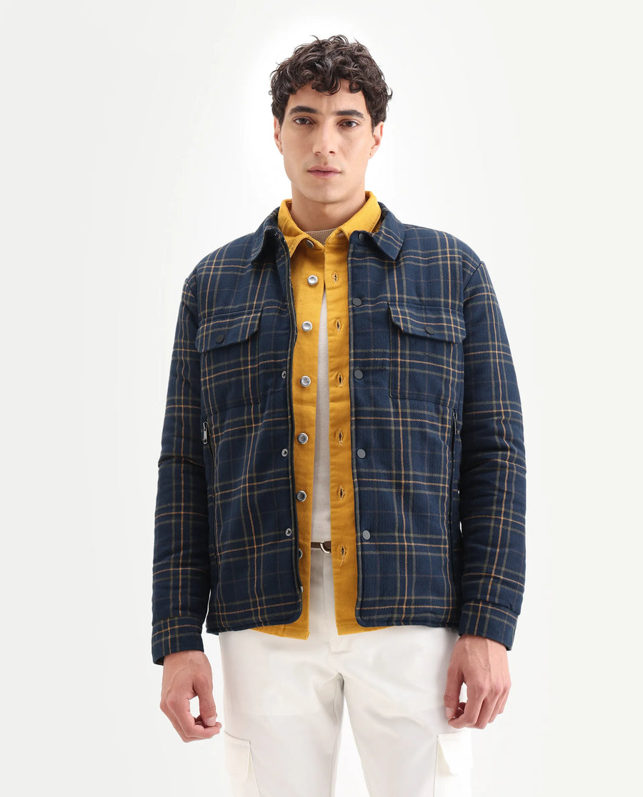 Rare Rabbit Men's Hollis Dark Navy Cotton Checked Print Regular Fit Full Sleeve Spread Collar Jacket